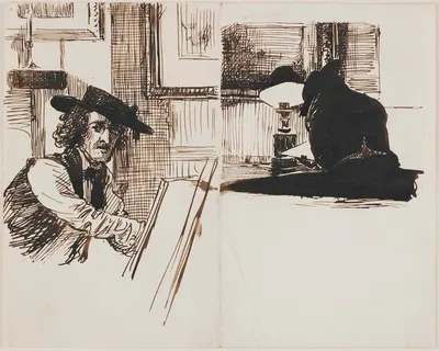 Whistler drawing Poynter; back view of a man seated at a table near a lighted lamp by Эдвард Джон Пойнтер, 1860 — digital…