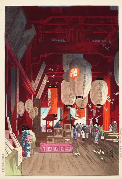 Asakusa Kannon-do no naido (Interior of the Kannon Temple at Asakusa) by Narazaki Eisho, 1932 — digital art print download