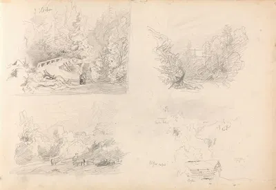 Bro i skogslandskap; utsikt over dal; fra Elstad; badstue, Elstad by Ханс Гуде, 1858 — digital art print download