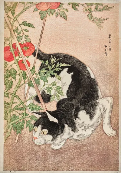 Cat and tomato plant by Takahashi Hiroaki, 1931 — digital art print download
