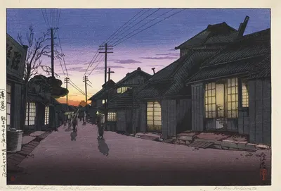 Hakubo choshi machi imamiya dori (Twilight at Imamiya street, Choshi) by Takahashi Hiroaki, 1932 — digital art print download