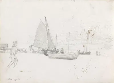 Figurer og båter på stranden, Ahlbeck by Ханс Гуде, 1885 — digital art print download