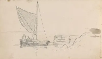 Seilbåt med figurer ved brygge by Ханс Гуде, 1862 — digital art print download