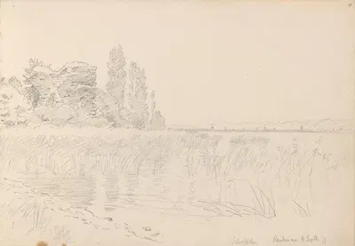 Strand med ruin og popler, Reichenau by Ханс Гуде, 1879 — digital art print download