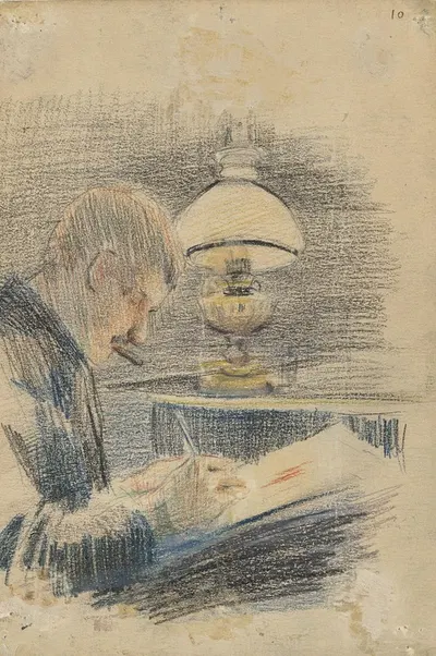 Tegnende mann ved parafinlampe by Karl Dørnberger, 1889 — digital art print download
