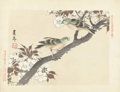 Twee groene vogels op bloesemtak by Имао Кейнин, 1892-1911 — digital art print download