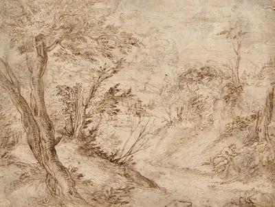 A wooded landscape with a figure resting beside a road and a river in the background by Агостино Караччи — digital art…