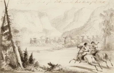 Running a Bank of Elk, Near the Cut Rocks of the Platte by Alfred Jacob Miller — digital art print download