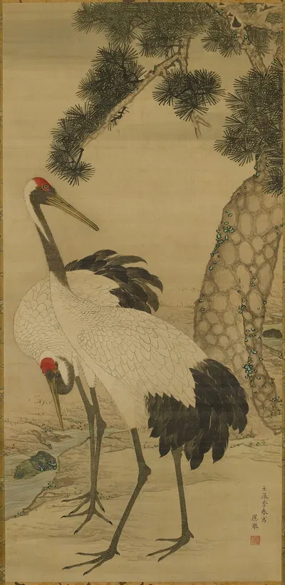 Two Cranes and a Pine Tree by Маруяма Окё — digital art print download