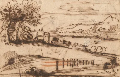 An extensive coastal landscape with a procession of figures in the foreground and buildings on the water by Annibale…