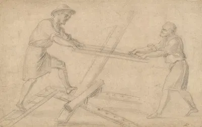 Two men sawing a plank by Baccio Bandinelli — digital art print download