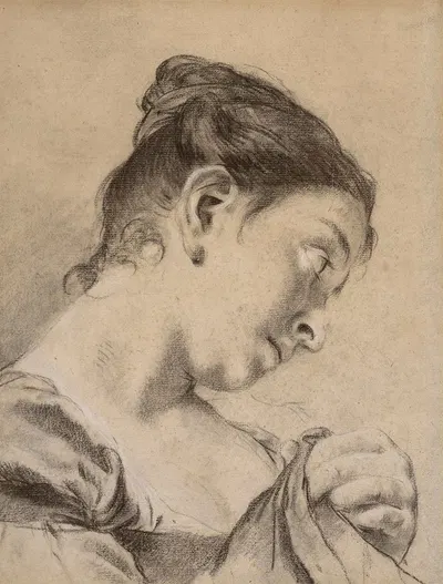 Head of a young girl seen in profile holding her dress in her left hand by Доменико Маджиотто — digital art print download