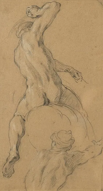 Study of a nude horseman seen from behind, his right arm raised, with a study of another man by Франсуа Лемойн — digital…