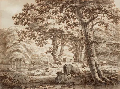 Landscape with cows under a tree by Якоб Кац, 1787 — digital art print download