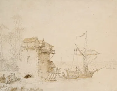 Le péage à bateau dans un paysage orientaliste by Жан-Батист Лё Пренс — digital art print download