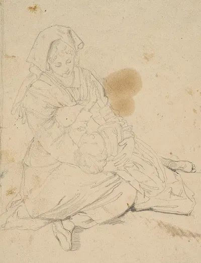 Kneeling Italian woman holding a praying girl by Иоганн Баптист Кирнер — digital art print download