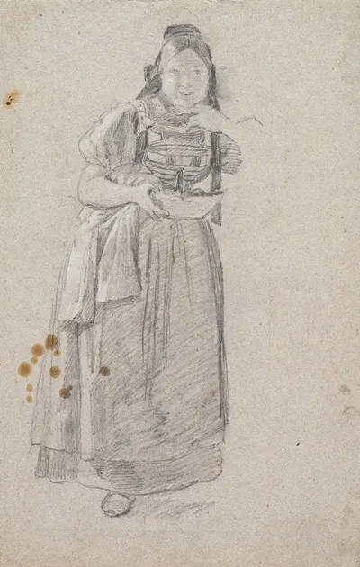 Young Black Forest woman, listening (with sewing box and blouse) by Иоганн Баптист Кирнер — digital art print download