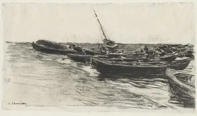 Fishing Boats on the Beach at Étretat by Леон Огюст Лермиц, 1865 — digital art print download