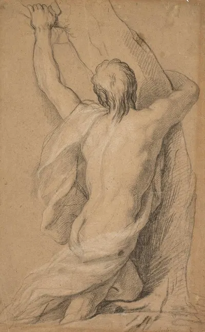 A nude study of man seen from the back, clasping to a tree by Louis de Boullogne — digital art print download