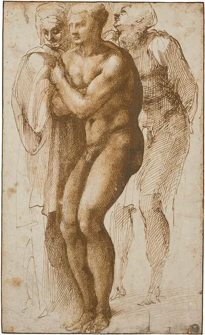 A nude man (after Masaccio) and two figures behind him by Michelangelo — digital art print download