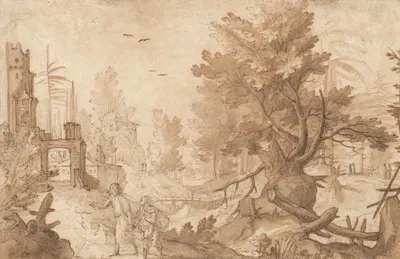 A forest landscape with buildings and Tobias and the angel by Remigio Cantagallina — digital art print download