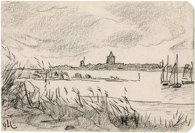 Gezicht op dorp aan een meer by Adolf le Comte — digital art print download