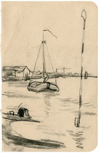 Zeilboot aan oever van een meer by Adolf le Comte — digital art print download