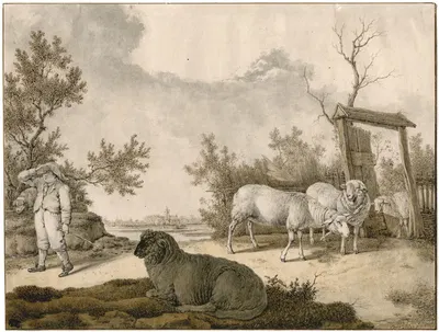 Herder met schapen bij omheining by Баренд Хендрик Тир — digital art print download