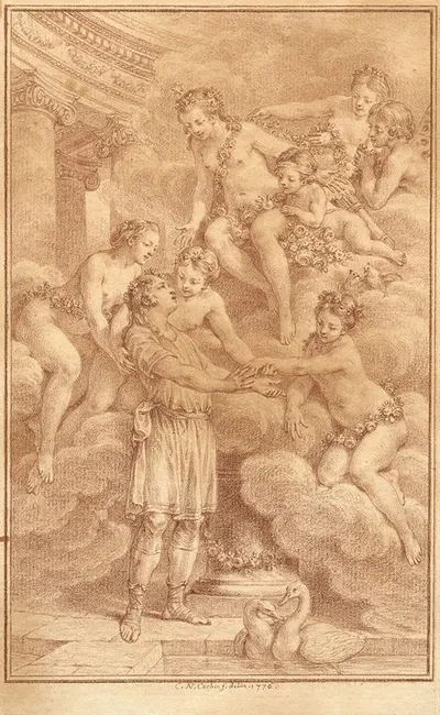 Les trois Grâces accueillent Charite et Vénus pleurant devant la grotte de Charite qu'elle croit mort by Charles Nicolas…