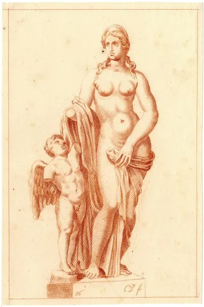 Beeld van naakte godin en Amor, Venus by Корнелис Пронк — digital art print download