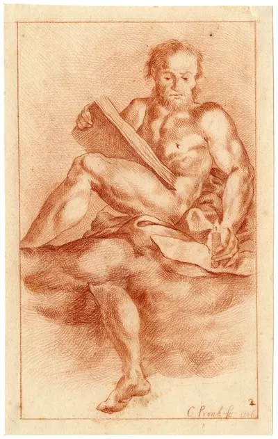 Tekening van naakte man in de wolken met boek en kaars by Корнелис Пронк — digital art print download