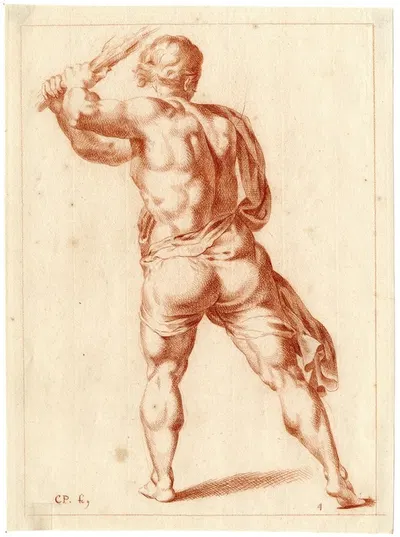 Tekening van staande man, met knuppel zwaaiend by Корнелис Пронк — digital art print download