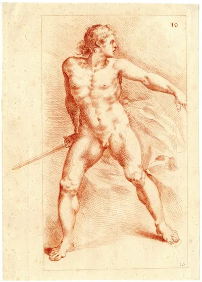 Tekening van staande naakte man met zwaard by Корнелис Пронк — digital art print download