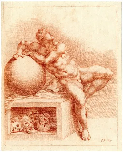Tekening van zittende man met bol en maskers, de Droom by Корнелис Пронк — digital art print download