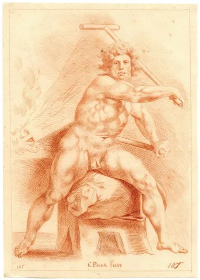 Tekening van zittende naakte man met blaasbalg by Корнелис Пронк — digital art print download