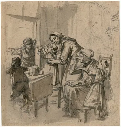 Women and children greeting a man outside their window by Давид Блес — digital art print download