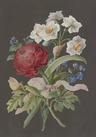 Blumengebinde mit roter Ranunkel (Ranunculus), weißer Tazette (Narcissus tazetta) und blauer Blume mit Postillon by Barbara…