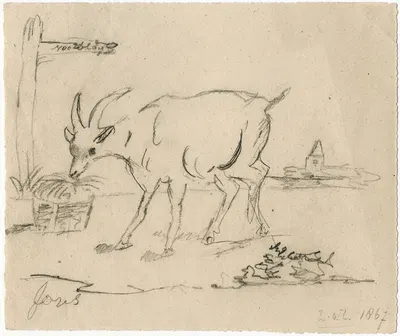 A goat eating hay out of a basket by Floris Verster, 1867 — digital art print download