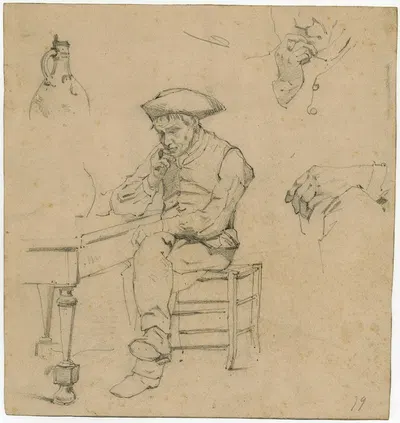 Man with a pipe sitting at a table, study of a hand, smoking man and a jar by Floris Verster — digital art print download
