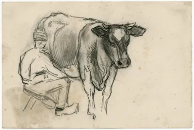 Koe wordt gemolken door boer by Frans Smissaert — digital art print download