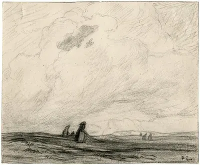 Vrouwen nettenboetend onder een hoge wolkenlucht by Франс Смиссерт — digital art print download