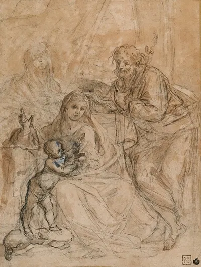 The Holy Family with a Female Saint by Giovanni Antonio Burrini — digital art print download