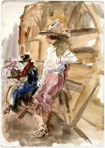 Circusstudie: vrouw in cowboykledij bij schutting by Isaac Israëls — digital art print download
