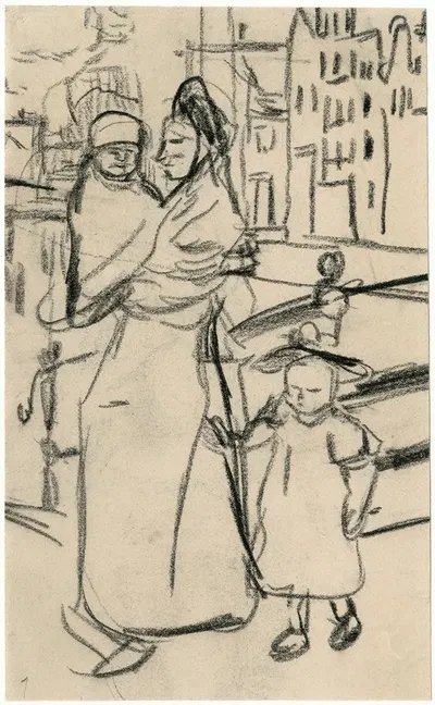 Moeder met twe kinderen loopt over een brug by Isaac Israëls, 1900 — digital art print download