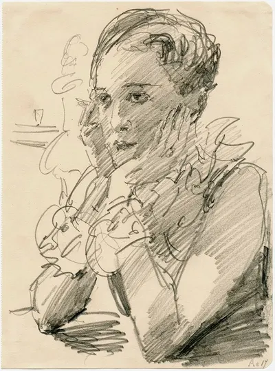 Vrouw aan een tafel, het hoofd steunend in de handen by Isaac Israëls — digital art print download