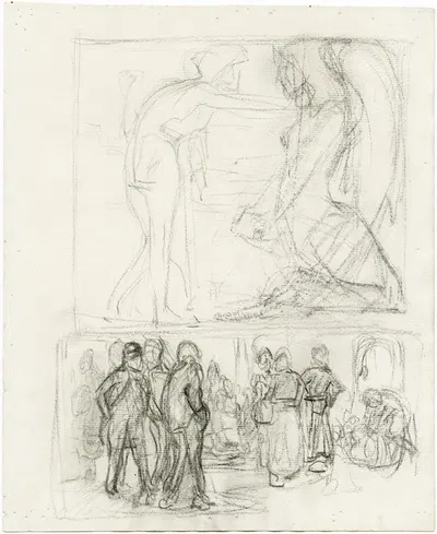 Man spreekt groep figuren toe in interieur, man en sfinx by Иоганнес Иосифус Аартс — digital art print download