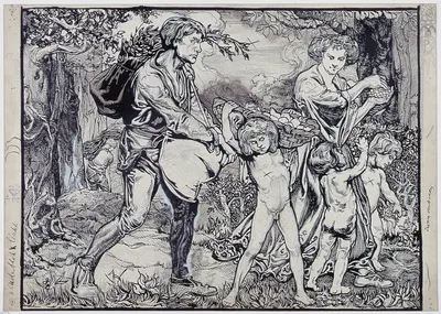 The month of september, personified by two adults and three children, coming from the forest with provisions by Иоганнес…