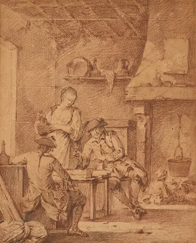 Jeune femme offrant du vin à deux soldats dans une auberge et Quatre soldats jouant aux cartes sur un tambour by Луи Жозеф…