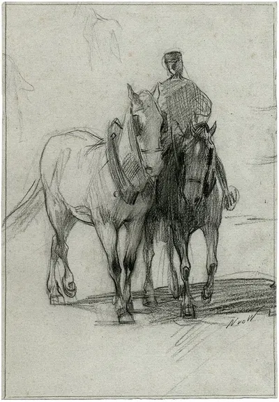 Een man te paard leidt een tweede paard by Николаас ван дер Ваай — digital art print download