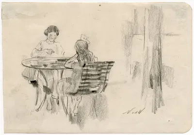 Twee kinderen aan een tuintafel by Николаас ван дер Ваай — digital art print download